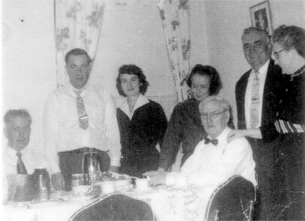 636: A McCarthy group. Left to right, C.B. Mills (husband of Julia McCarthy), Denis McCarthy,  Denis's wife Anna Marie Greene, Julia McCarthy, Denis Patrick McCarthy (father of Julia, Thomas and Mary),  Thomas McCarthy (Denis' father), Mary McCarthy. In Boston. (circa 1945-1948) [courtesy of Betty (Carroll) Spurvey]